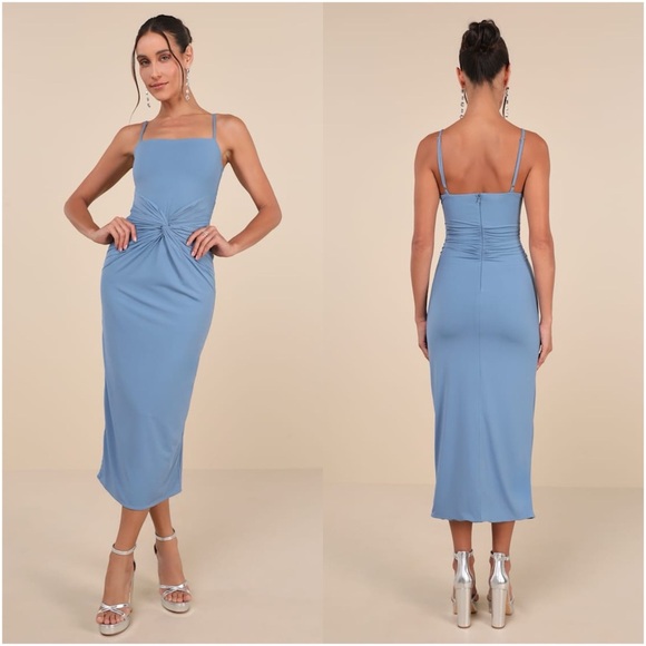 LULU’S Mesmerizing Reputation Slate Blue Twist Front Bodycon Midi Dress - Picture 1 of 6